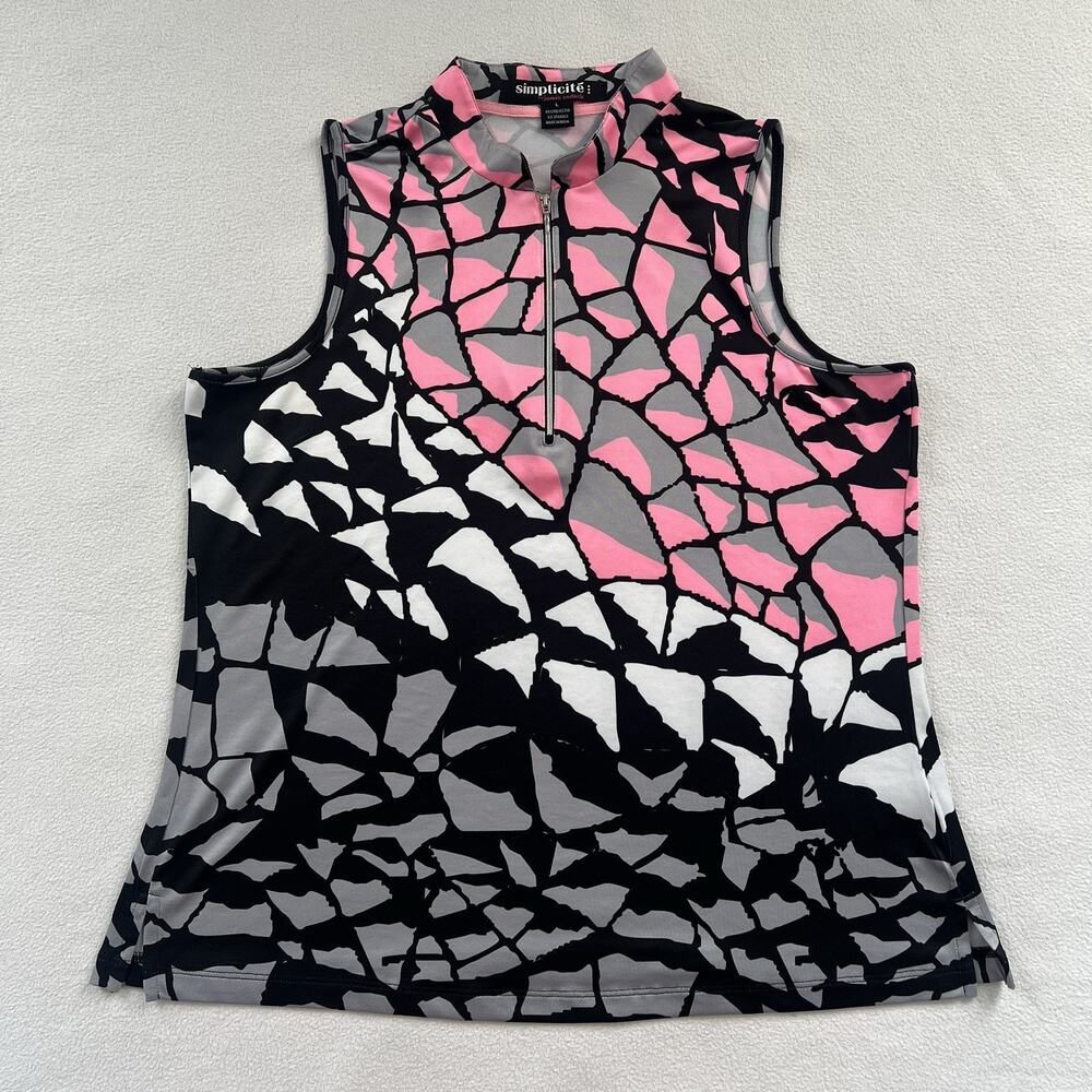 Jamie Sadock Simplicite 1/2 Zip Golf Pink Black Abstract Print Sleeveless Top L
